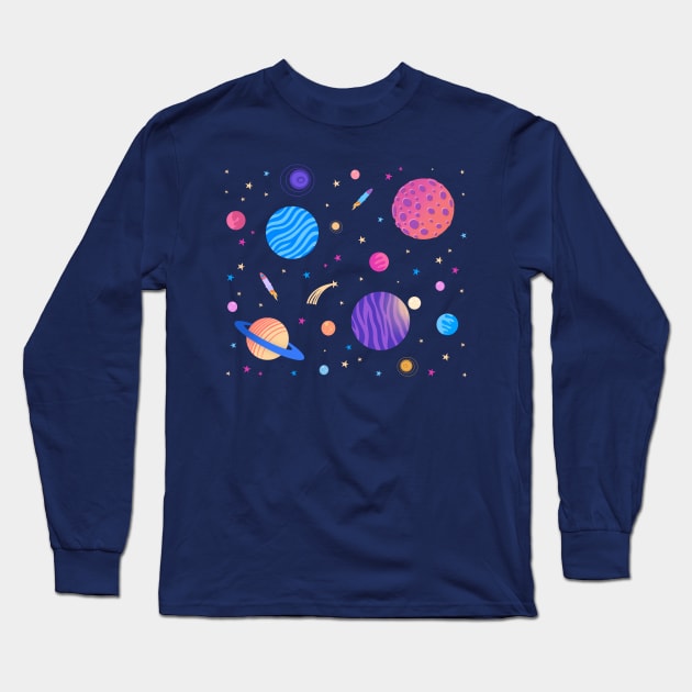 colorful galaxy universe space pattern with abstract planets and stars Long Sleeve T-Shirt by acatalepsys 